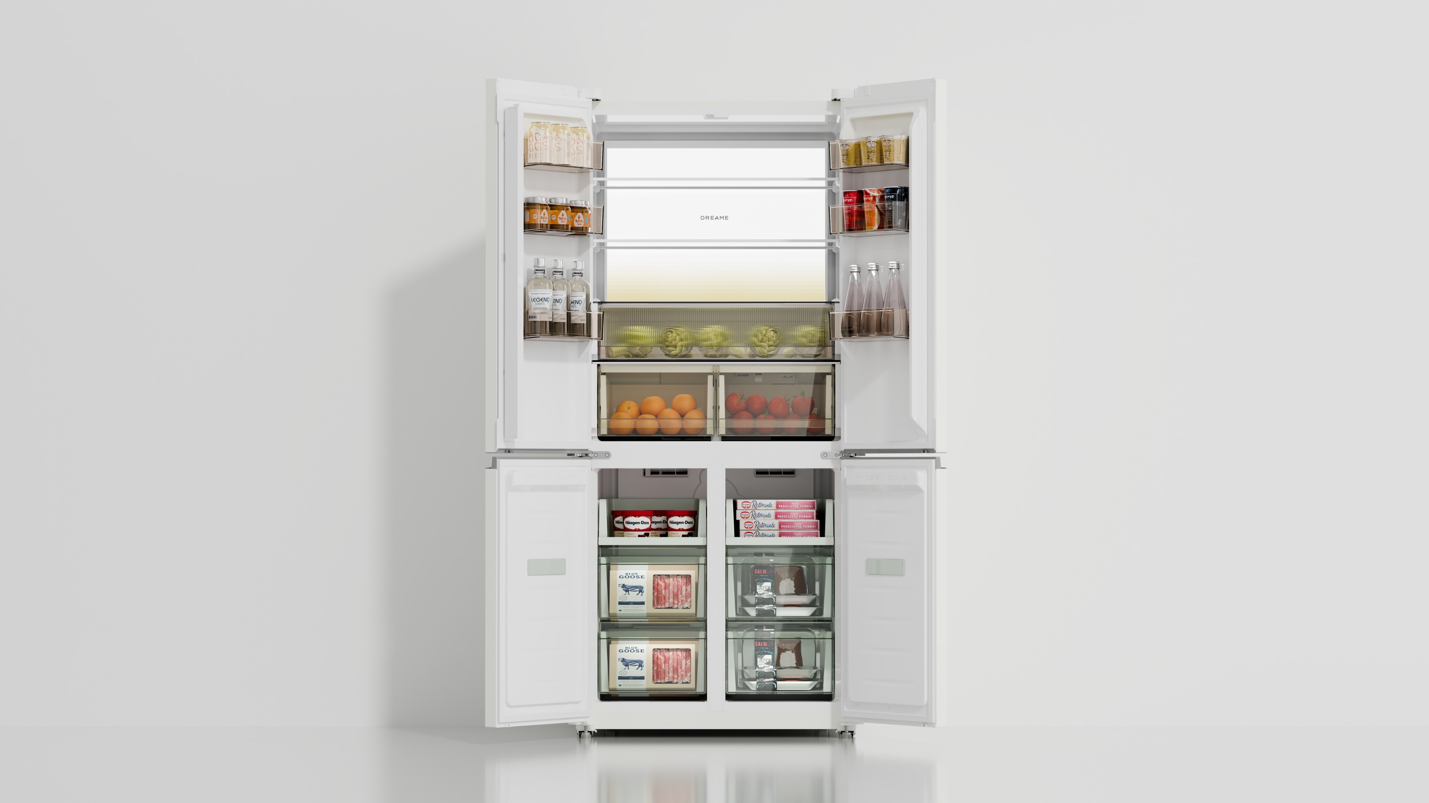 Dopamine refrigerator opened with interior food storage