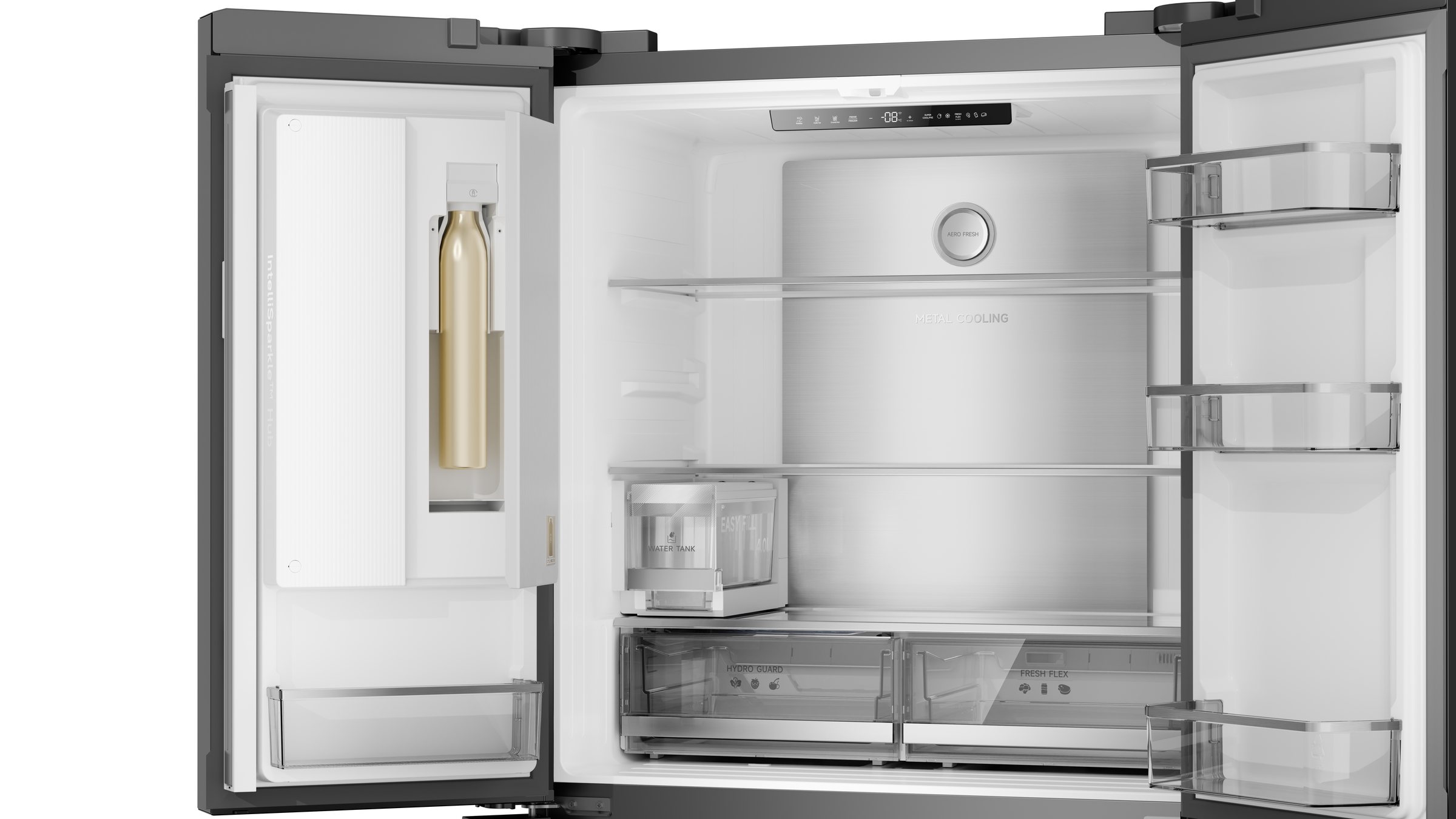 FizFresh open refrigerator interior and storage layout